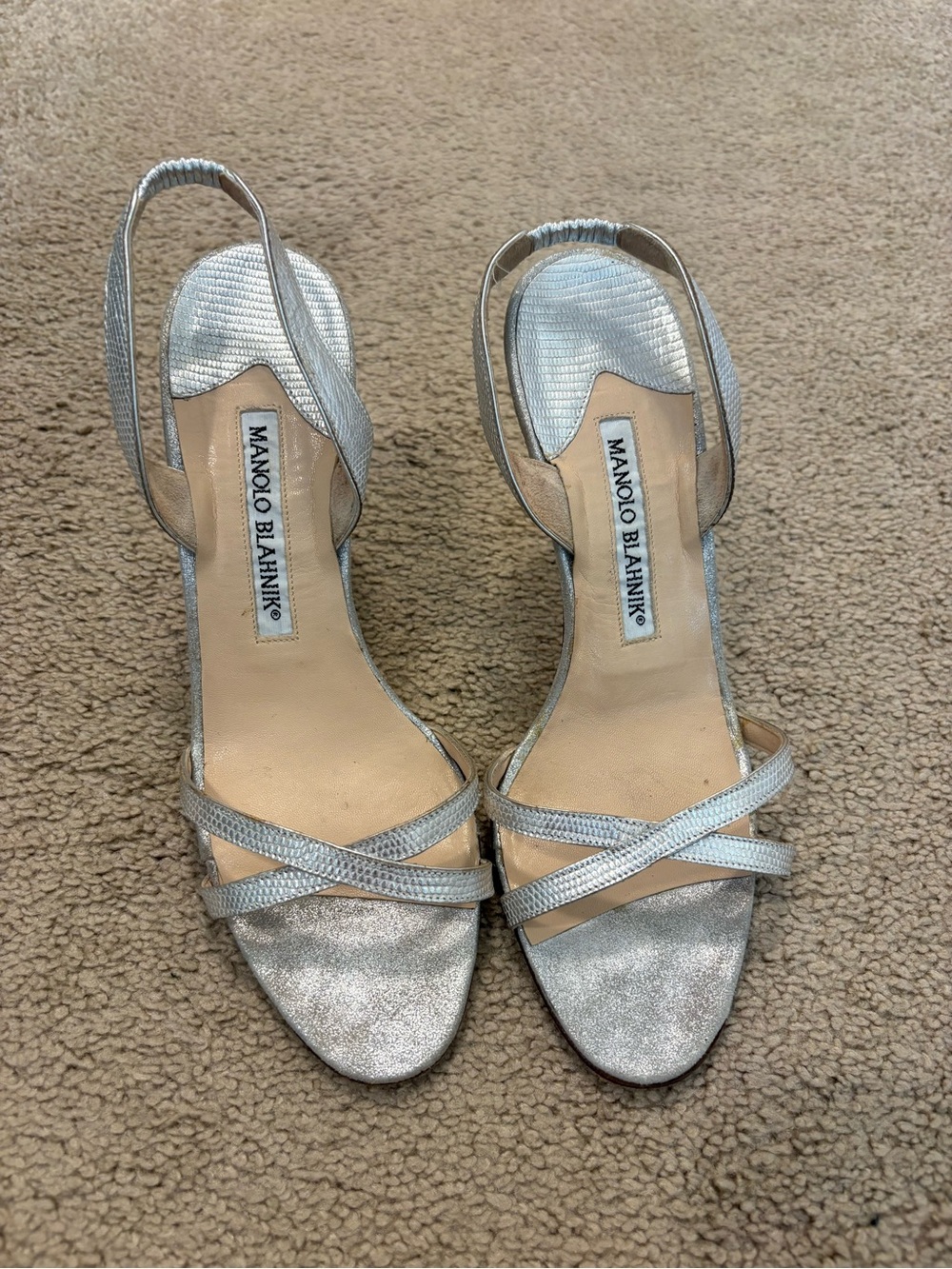 Manolo Blahnik Metallic Silver Crisscross Slingback Heels